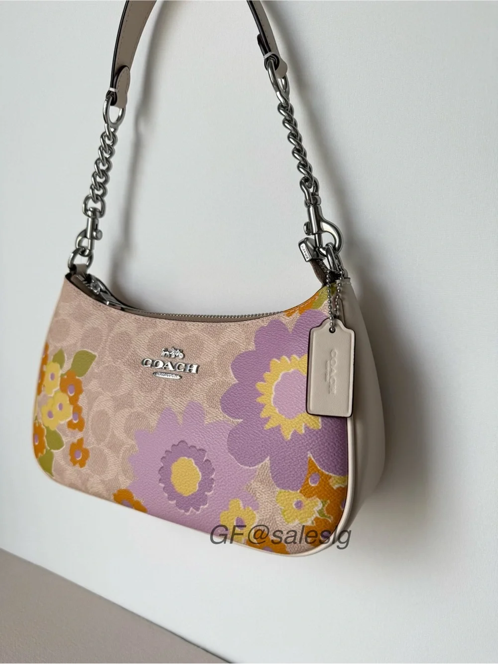 Coach Teri Shoulder Bag In Signature Floral Silver/Sand/Purple CBG73 NWT